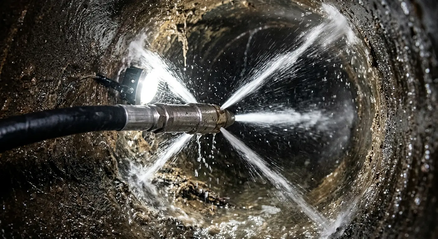 High-pressure hydro jetting nozzle cleaning sewer pipe for Emergency Drain Service in Inverness
