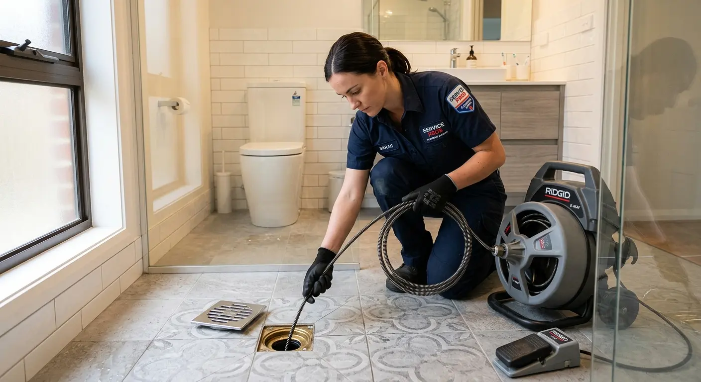 Technician clearing a bathroom floor drain for Drain Repair in Inverness